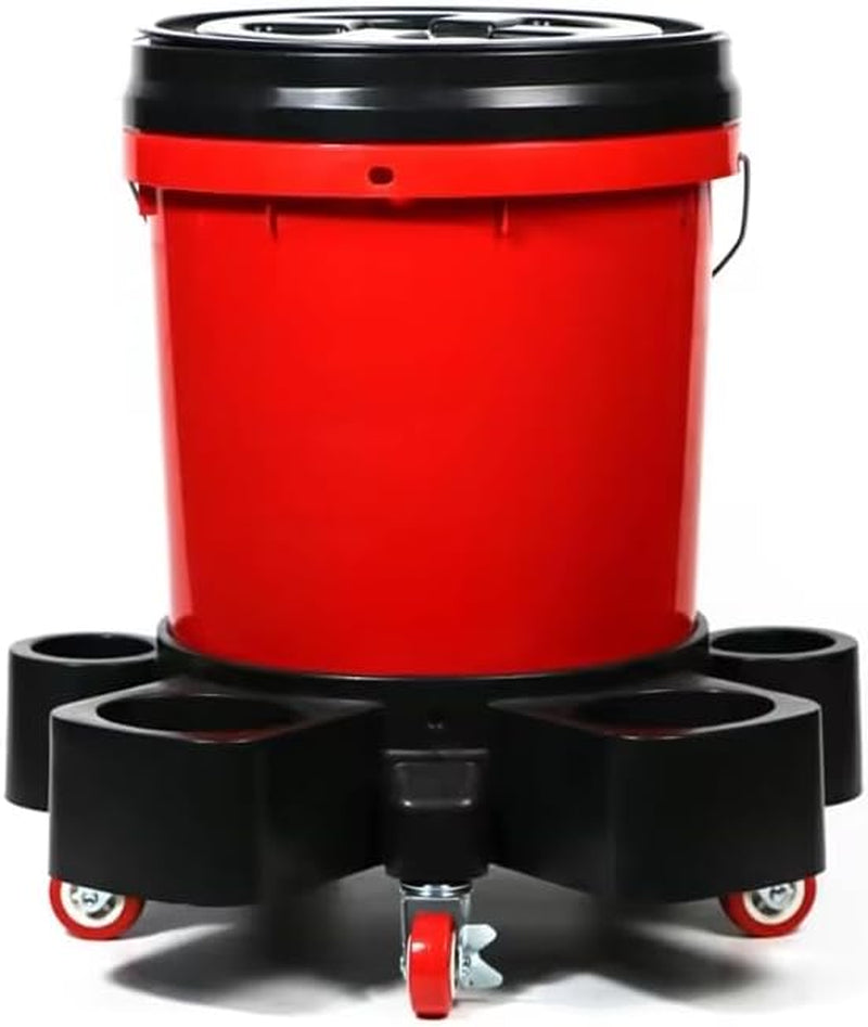 Professional 5-Gallon Car Wash Detailing Bucket Dolly with Heavy-Duty Wheel Casters, Black, Model CWBD-1247