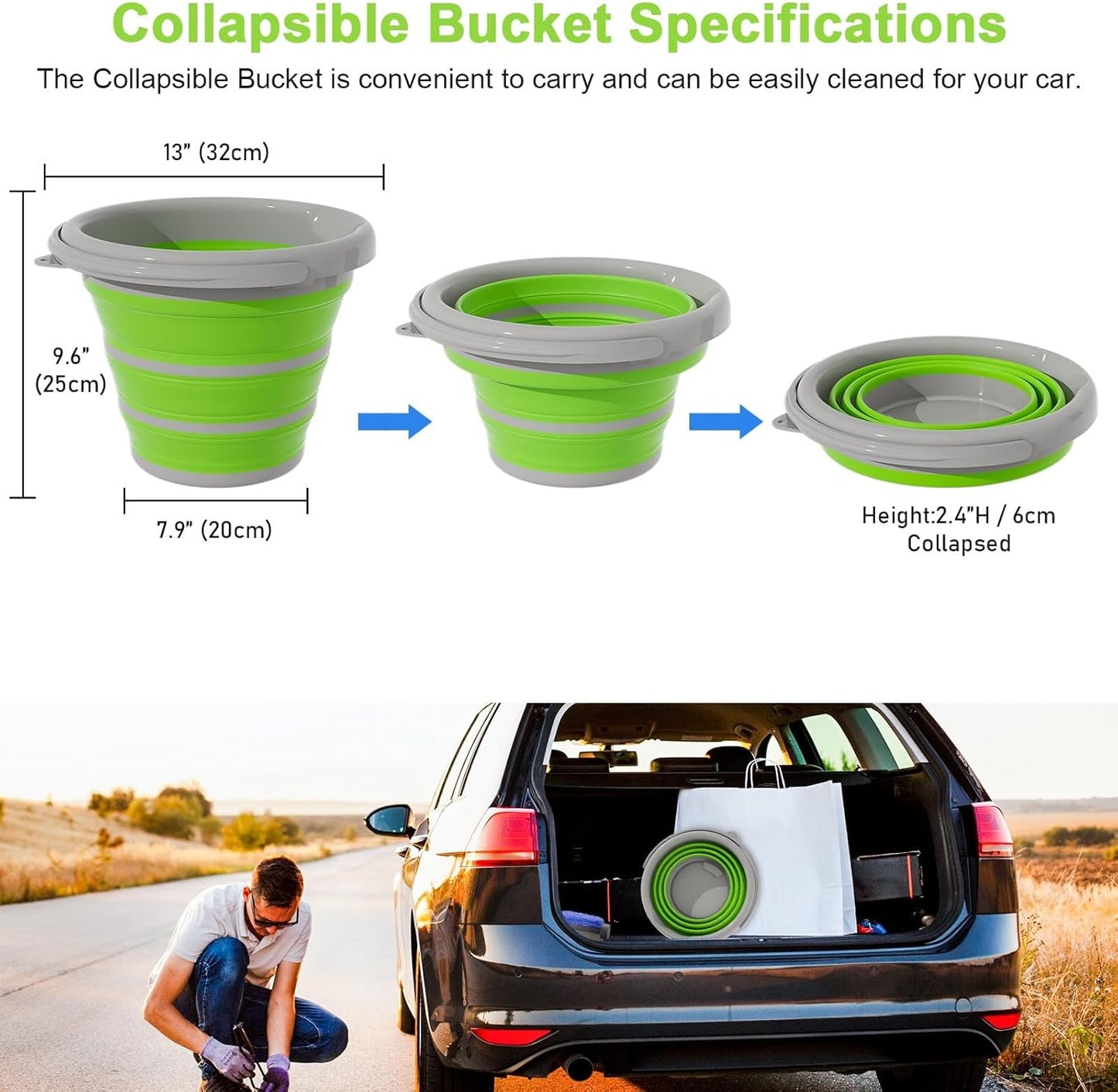 Collapsible 10L Car Wash Bucket with Microfiber Mitt - Portable Folding Basin for Automotive and Household Cleaning in Green