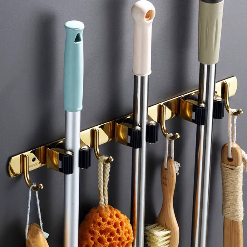 Stainless Steel Wall-Mounted Mop and Broom Organizer for Kitchen and Bathroom Storage Solutions