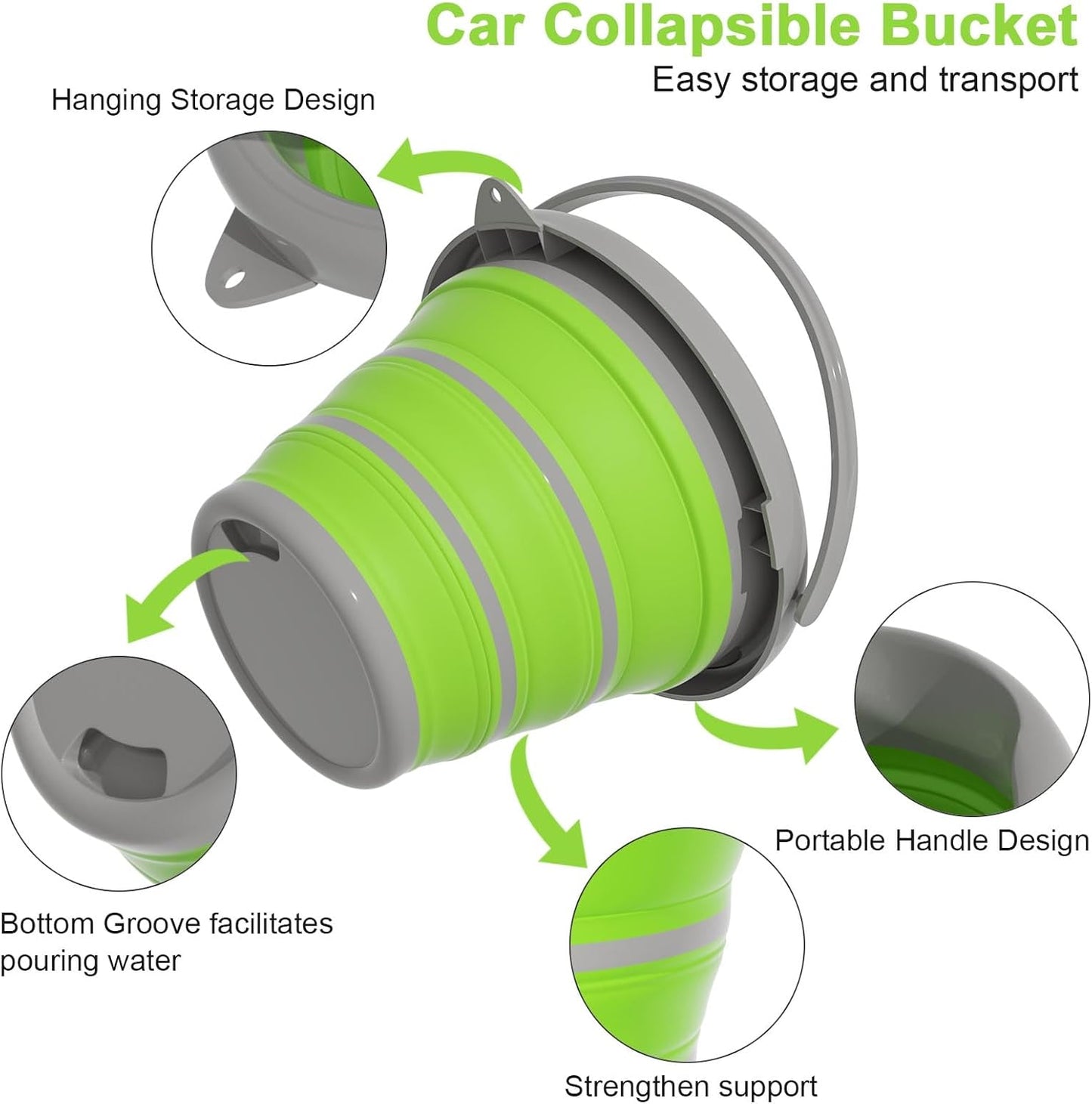 Collapsible 10L Car Wash Bucket with Microfiber Mitt - Portable Folding Basin for Automotive and Household Cleaning in Green