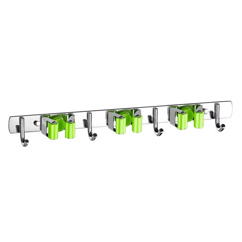 Stainless Steel Wall-Mounted Mop and Broom Organizer for Kitchen and Bathroom Storage Solutions