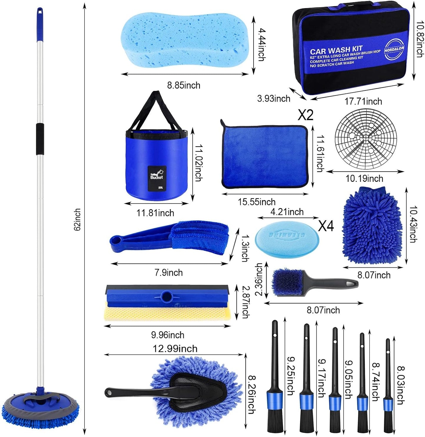 Comprehensive 21-Piece Car Wash Kit with Extended Handle Brush, Detailing Brushes, Filtered Wash Bucket, and Windshield Squeegee for Automotive and Marine Use