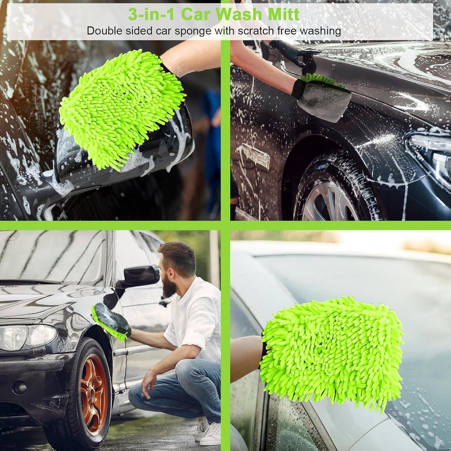 Collapsible 10L Car Wash Bucket with Microfiber Mitt - Portable Folding Basin for Automotive and Household Cleaning in Green