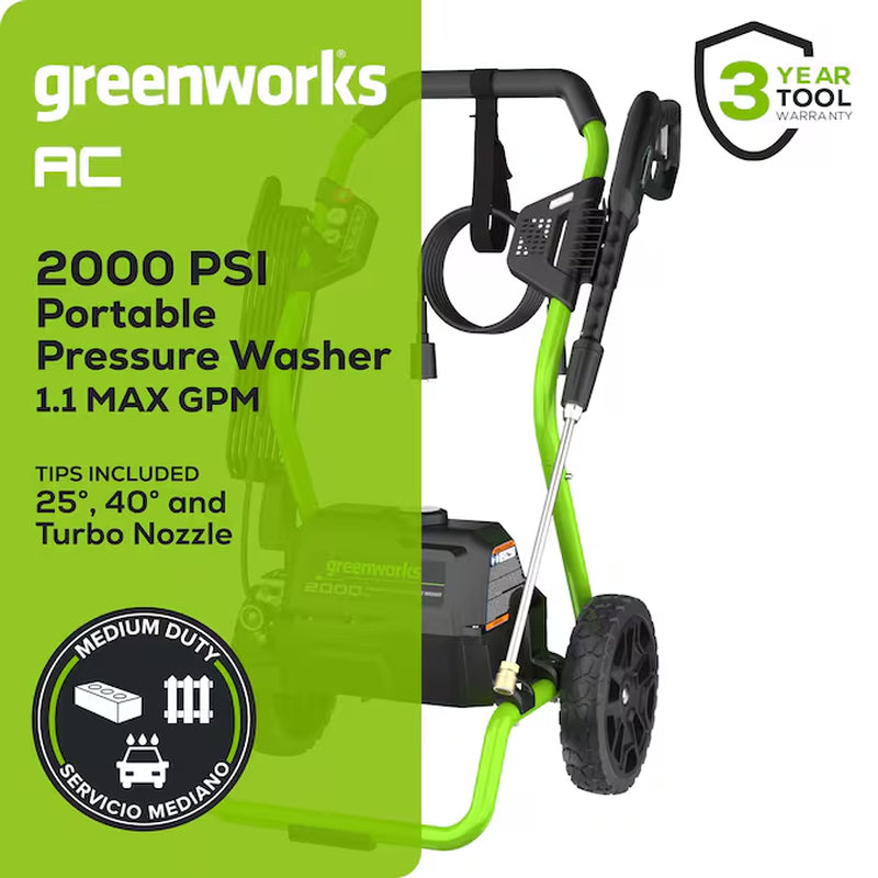 2000 PSI 1.1 GPM Electric Cold Water Pressure Washer with Three Spray Tips