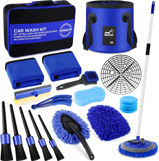 Comprehensive 21-Piece Car Wash Kit with Extended Handle Brush, Detailing Brushes, Filtered Wash Bucket, and Windshield Squeegee for Automotive and Marine Use