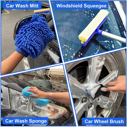 Comprehensive 21-Piece Car Wash Kit with Extended Handle Brush, Detailing Brushes, Filtered Wash Bucket, and Windshield Squeegee for Automotive and Marine Use