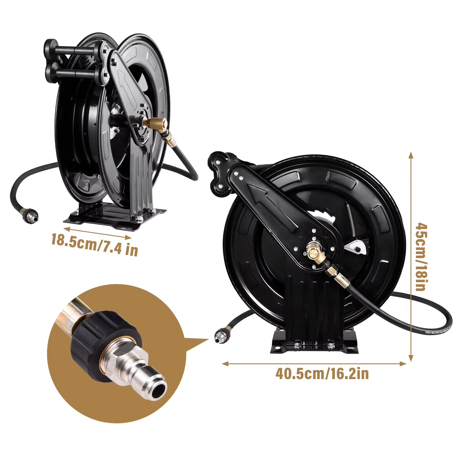 3/8" Industrial Hose Reel with Adjustable Length Lock, 59FT Capacity for Pressure Washing, Oil Transfer, and Workshop Air Tool Applications