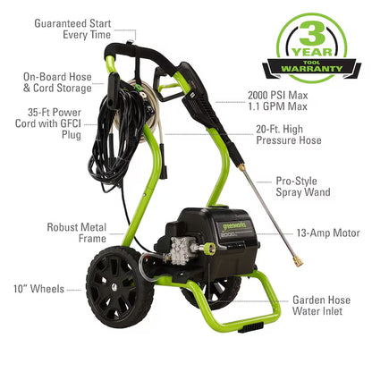 2000 PSI 1.1 GPM Electric Cold Water Pressure Washer with Three Spray Tips