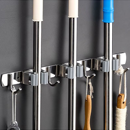 Stainless Steel Wall-Mounted Mop and Broom Organizer for Kitchen and Bathroom Storage Solutions