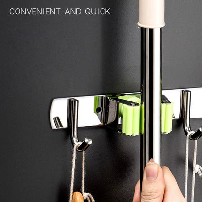 Stainless Steel Wall-Mounted Mop and Broom Organizer for Kitchen and Bathroom Storage Solutions