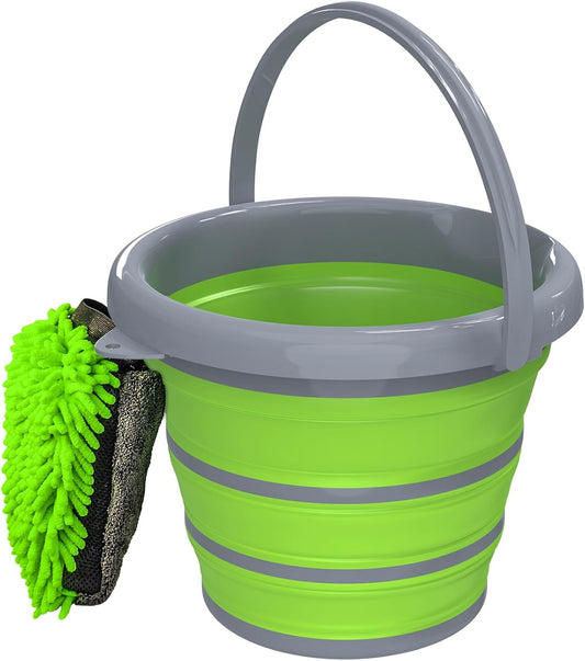 Collapsible 10L Car Wash Bucket with Microfiber Mitt - Portable Folding Basin for Automotive and Household Cleaning in Green