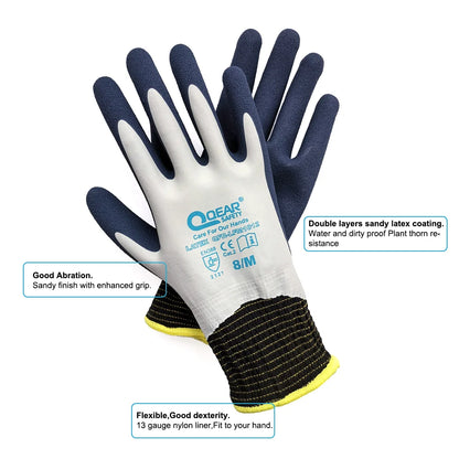 QearSafety Garden Work Gloves Fully latex Coated,Fully Dirty/Mud/Water Proof, Palm Sandy Latex For Anti-slip, Thorn Resistance