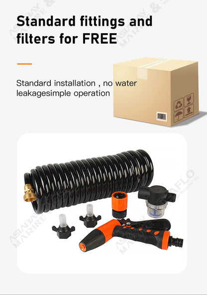 SEAFLO 55 Series Diaphragm Water Pump Our heavy-duty washdown kit 5.0GPM 60PSI 12V with 6.5m Coiled Hose On-Board
