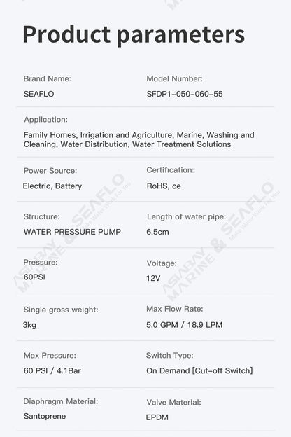 SEAFLO 55 Series Diaphragm Water Pump Our heavy-duty washdown kit 5.0GPM 60PSI 12V with 6.5m Coiled Hose On-Board