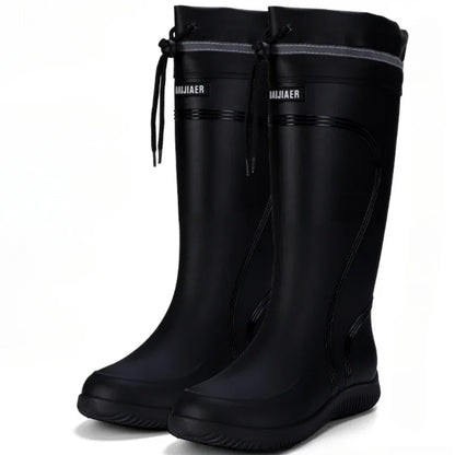 Men's Rain Shoes Waterproof Boots Outdoor Comfortable Mid Calf Boots Rainproof Work Water Shoes Non-Slip Drawstring Rubber Boots