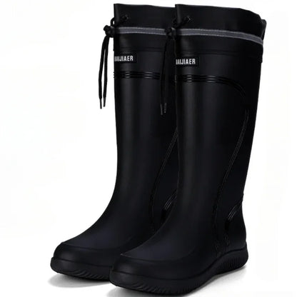 Men's Rain Shoes Waterproof Boots Outdoor Comfortable Mid Calf Boots Rainproof Work Water Shoes Non-Slip Drawstring Rubber Boots