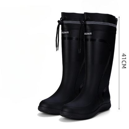 Men's Rain Shoes Waterproof Boots Outdoor Comfortable Mid Calf Boots Rainproof Work Water Shoes Non-Slip Drawstring Rubber Boots