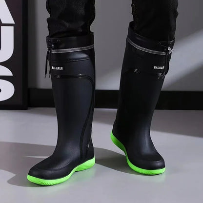 Men's Rain Shoes Waterproof Boots Outdoor Comfortable Mid Calf Boots Rainproof Work Water Shoes Non-Slip Drawstring Rubber Boots