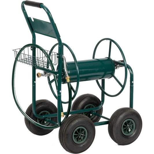 4-Wheel Garden Hose Reel Cart with Storage Basket, Portable Residential Hose Reel Cart, Lawn Watering, for Garden Backyard and
