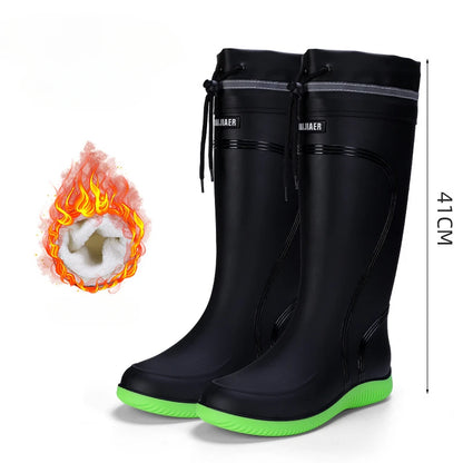 Men's Rain Shoes Waterproof Boots Outdoor Comfortable Mid Calf Boots Rainproof Work Water Shoes Non-Slip Drawstring Rubber Boots