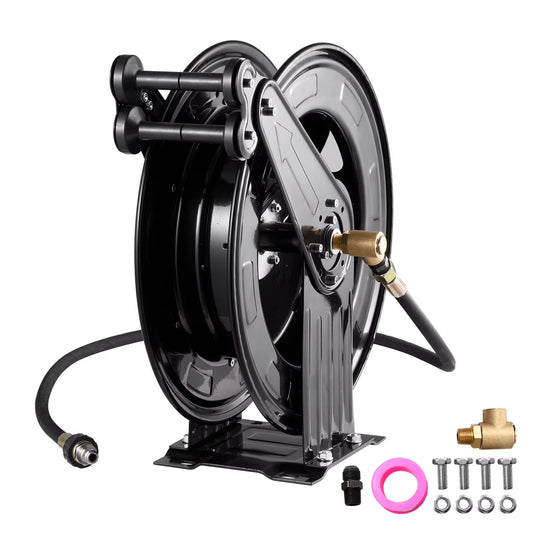3/8" Industrial Hose Reel with Adjustable Length Lock, 59FT Capacity for Pressure Washing, Oil Transfer, and Workshop Air Tool Applications