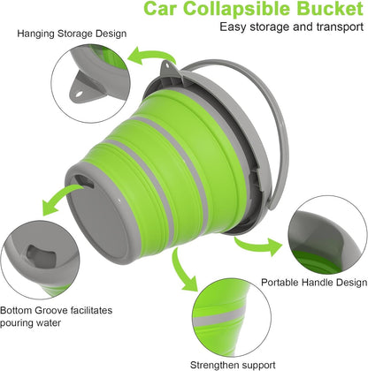 Collapsible 10L Car Wash Bucket with Microfiber Mitt - Portable Folding Basin for Automotive and Household Cleaning in Green