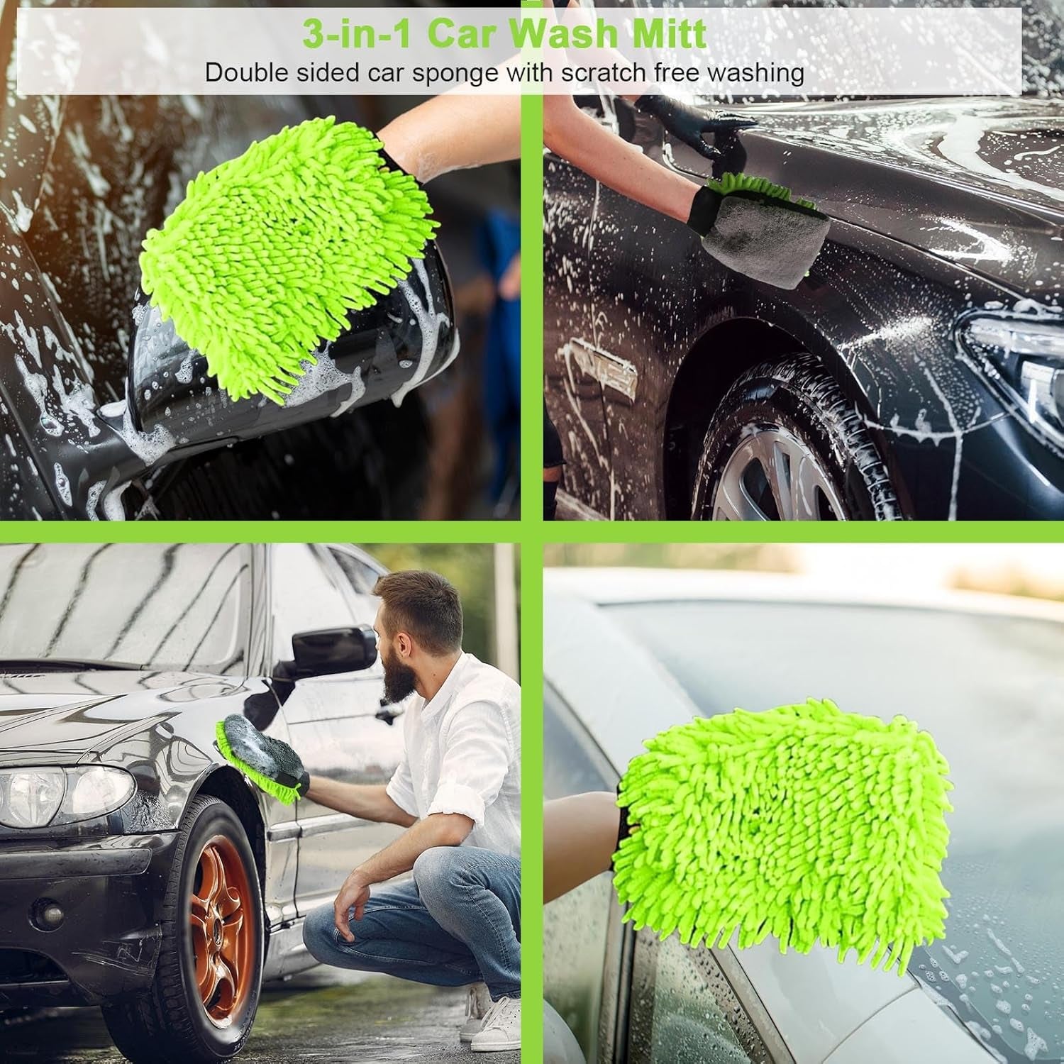 Collapsible 10L Car Wash Bucket with Microfiber Mitt - Portable Folding Basin for Automotive and Household Cleaning in Green