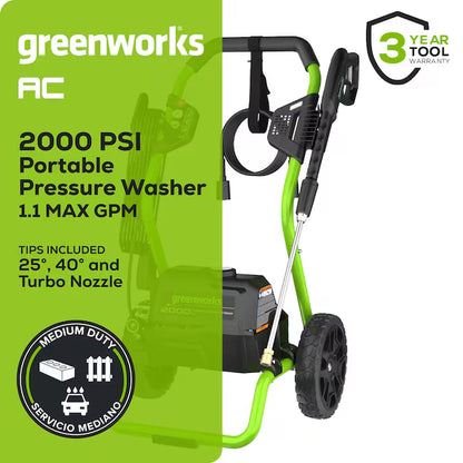 2000 PSI 1.1 GPM Electric Cold Water Pressure Washer with Three Spray Tips